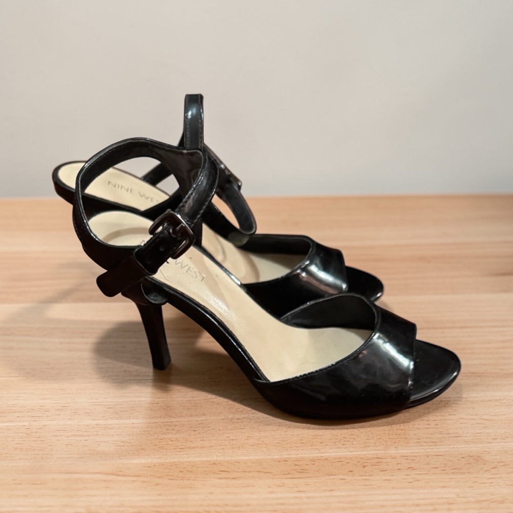 Nine West Black Patent Ankle-Strap Heels - Picture 1 of 7